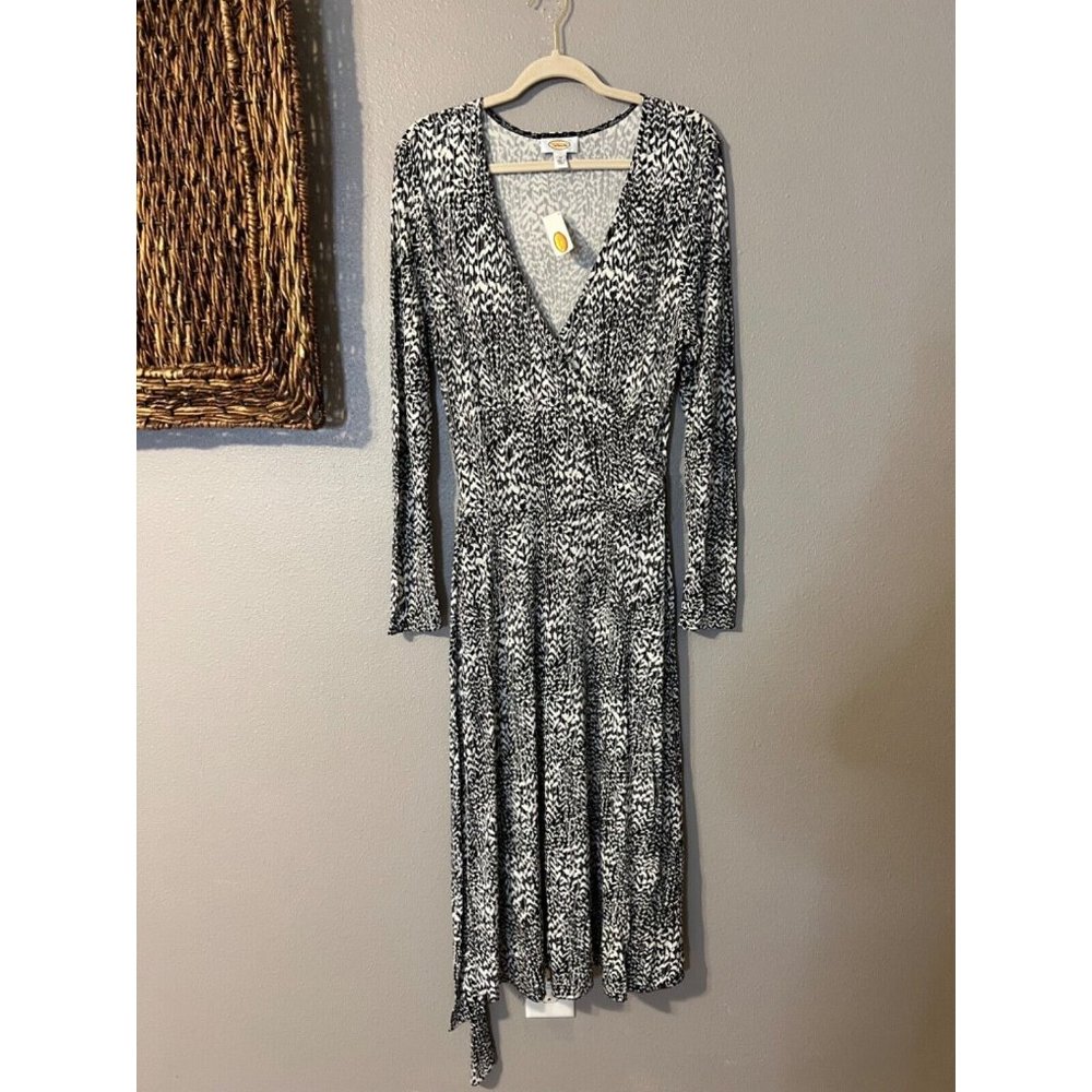 Talbots Midi Wrap Dress 10 Black Ivory 3/4 Long Sleeve Career NWT - Picture 8 of 12